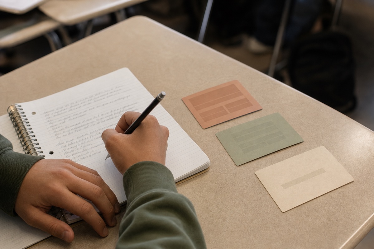 A student writing independently beside gradually reduced support cards.